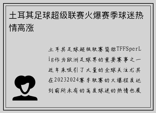 土耳其足球超级联赛火爆赛季球迷热情高涨