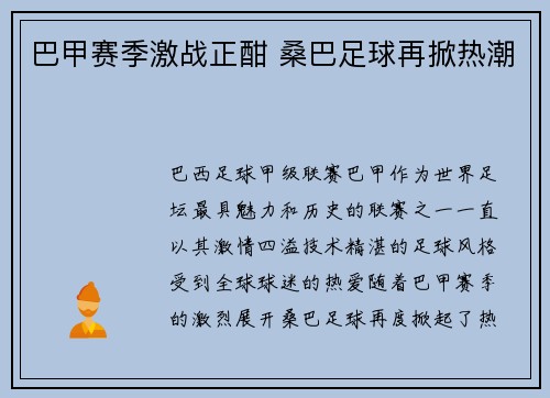 巴甲赛季激战正酣 桑巴足球再掀热潮