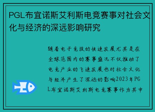 PGL布宜诺斯艾利斯电竞赛事对社会文化与经济的深远影响研究