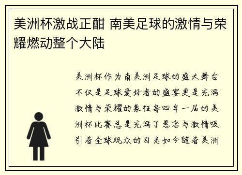 美洲杯激战正酣 南美足球的激情与荣耀燃动整个大陆
