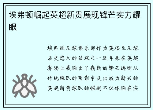 埃弗顿崛起英超新贵展现锋芒实力耀眼