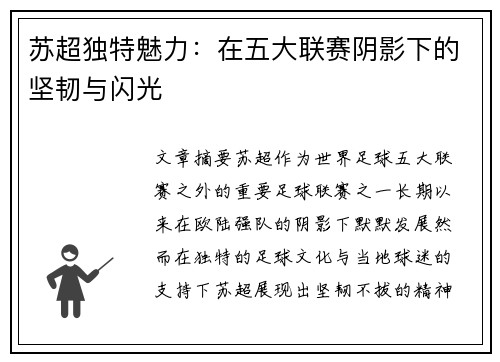 苏超独特魅力：在五大联赛阴影下的坚韧与闪光
